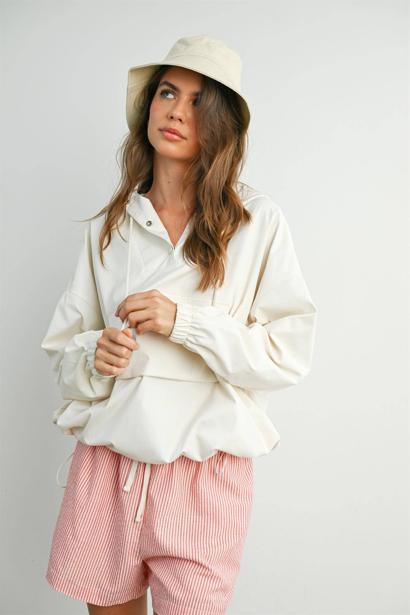 Hooded Pullover Long Sleeve Jacket - BMT7971: IVORY / L