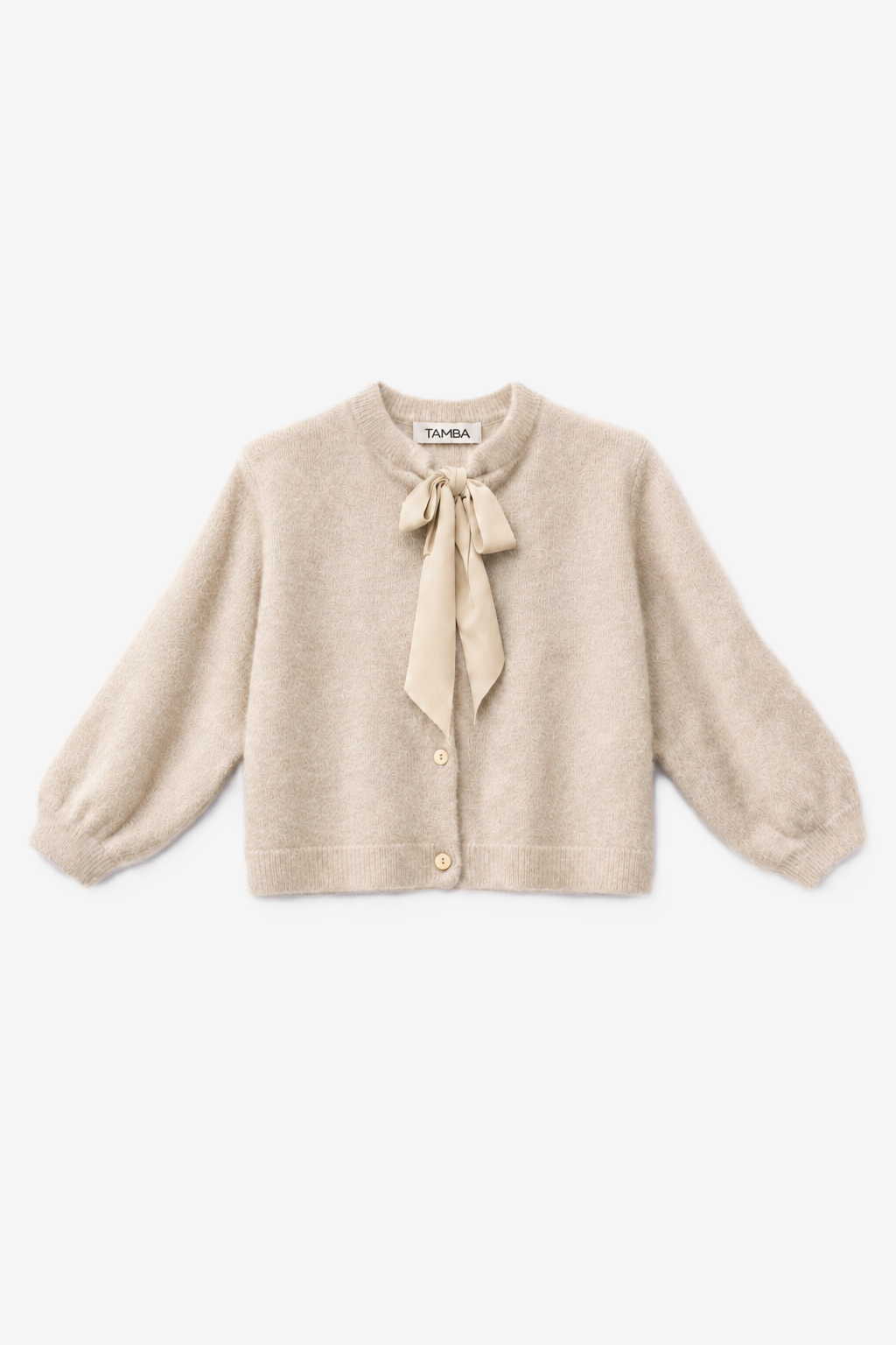Fuzzy knit cardigan with pussy-bow collar: Lipstick