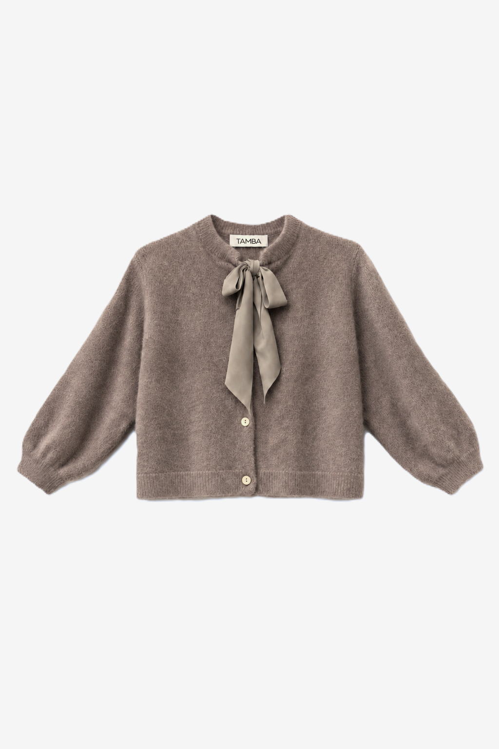 Fuzzy knit cardigan with pussy-bow collar: Lipstick