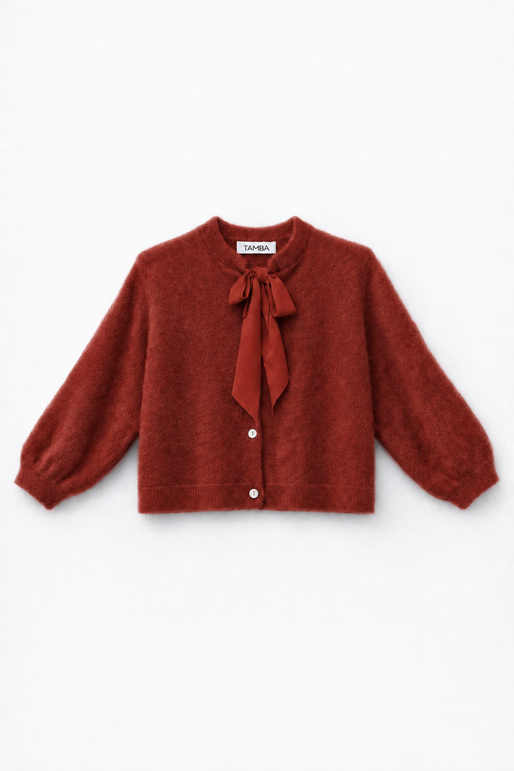 Fuzzy knit cardigan with pussy-bow collar: Lipstick