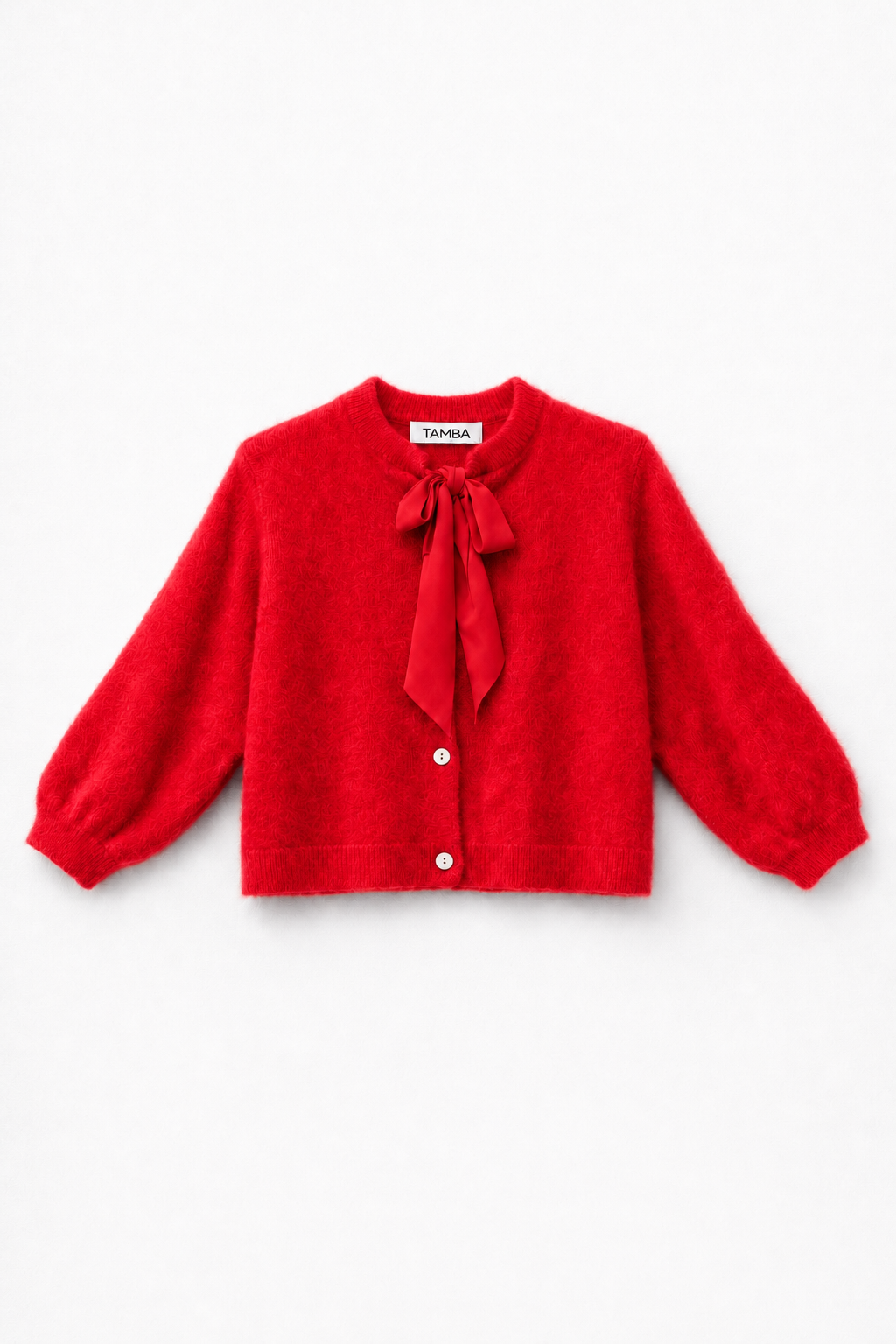 Fuzzy knit cardigan with pussy-bow collar: Lipstick