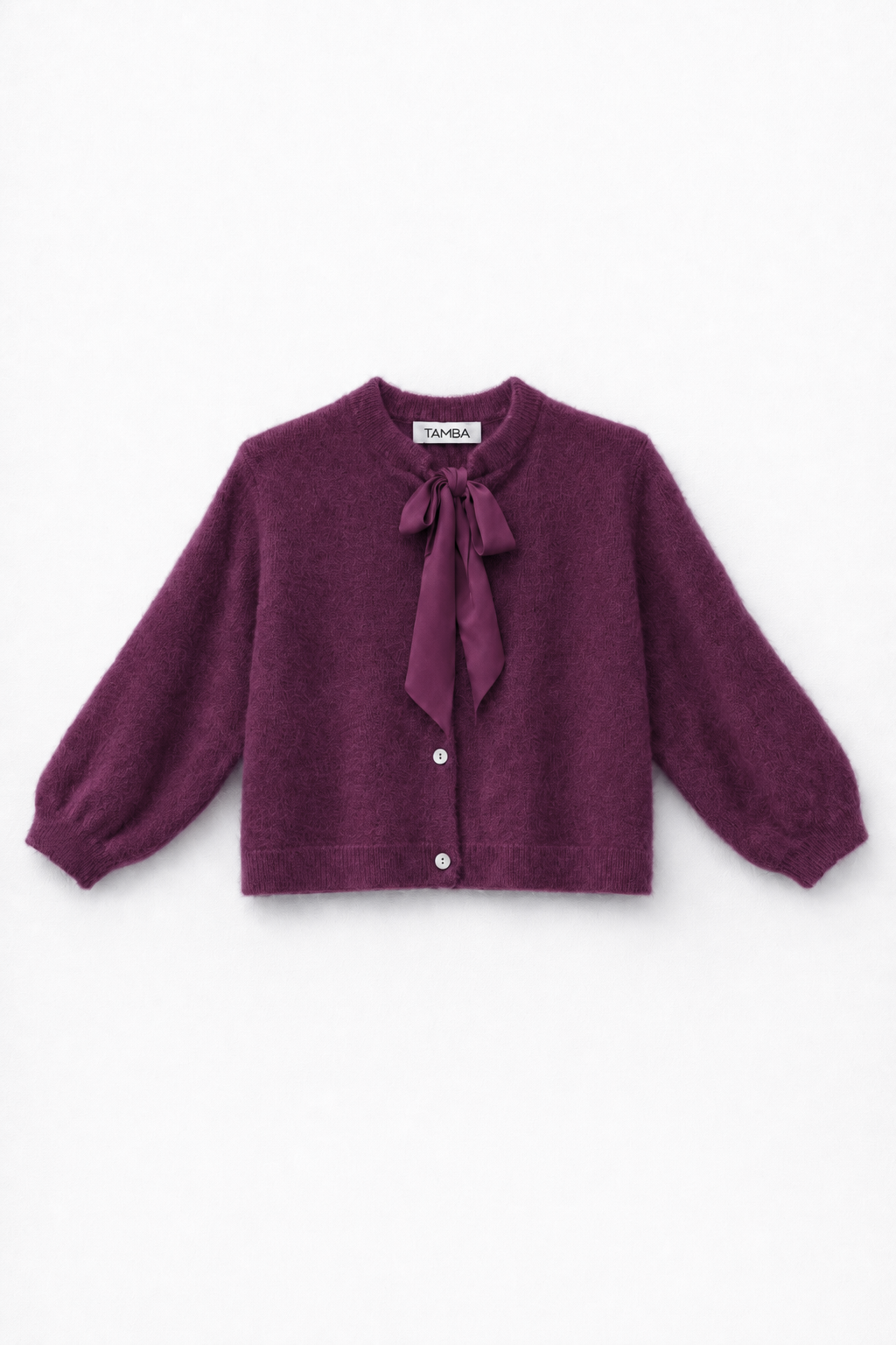 Fuzzy knit cardigan with pussy-bow collar: Lipstick