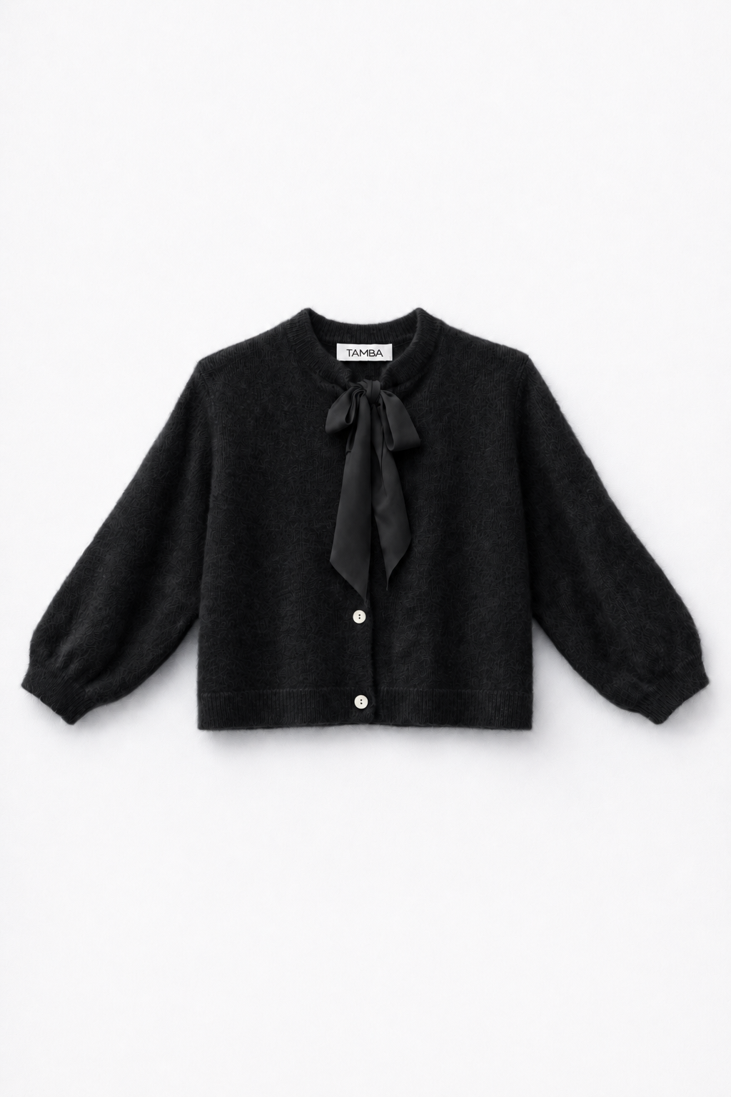 Fuzzy knit cardigan with pussy-bow collar: Lipstick