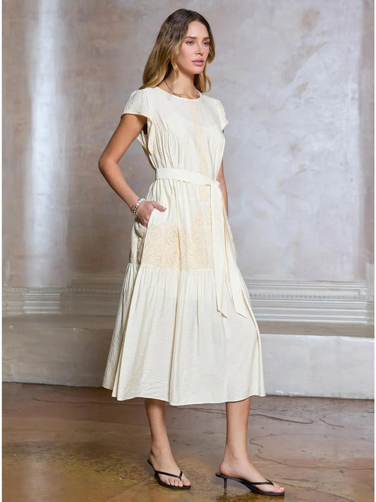 Boho Embroidery Cap Sleeve Midi Dress