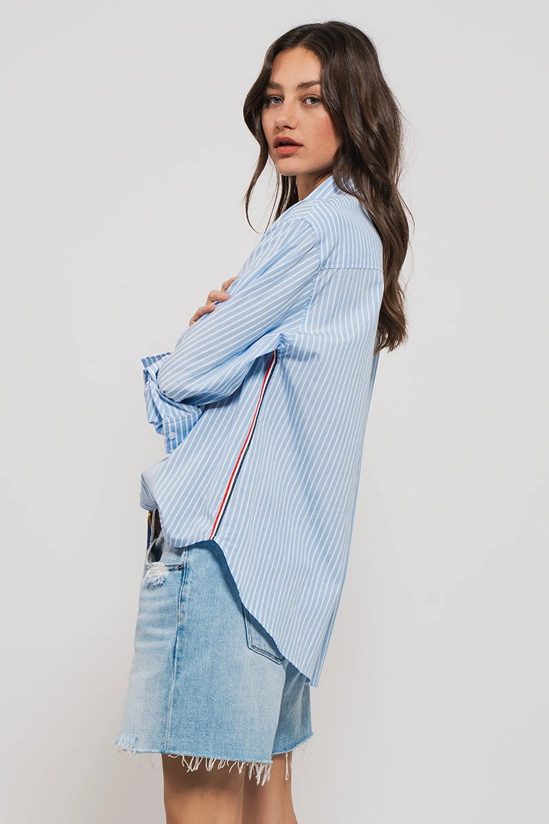 Striped Twill Tape Detail Statement Button Shirt