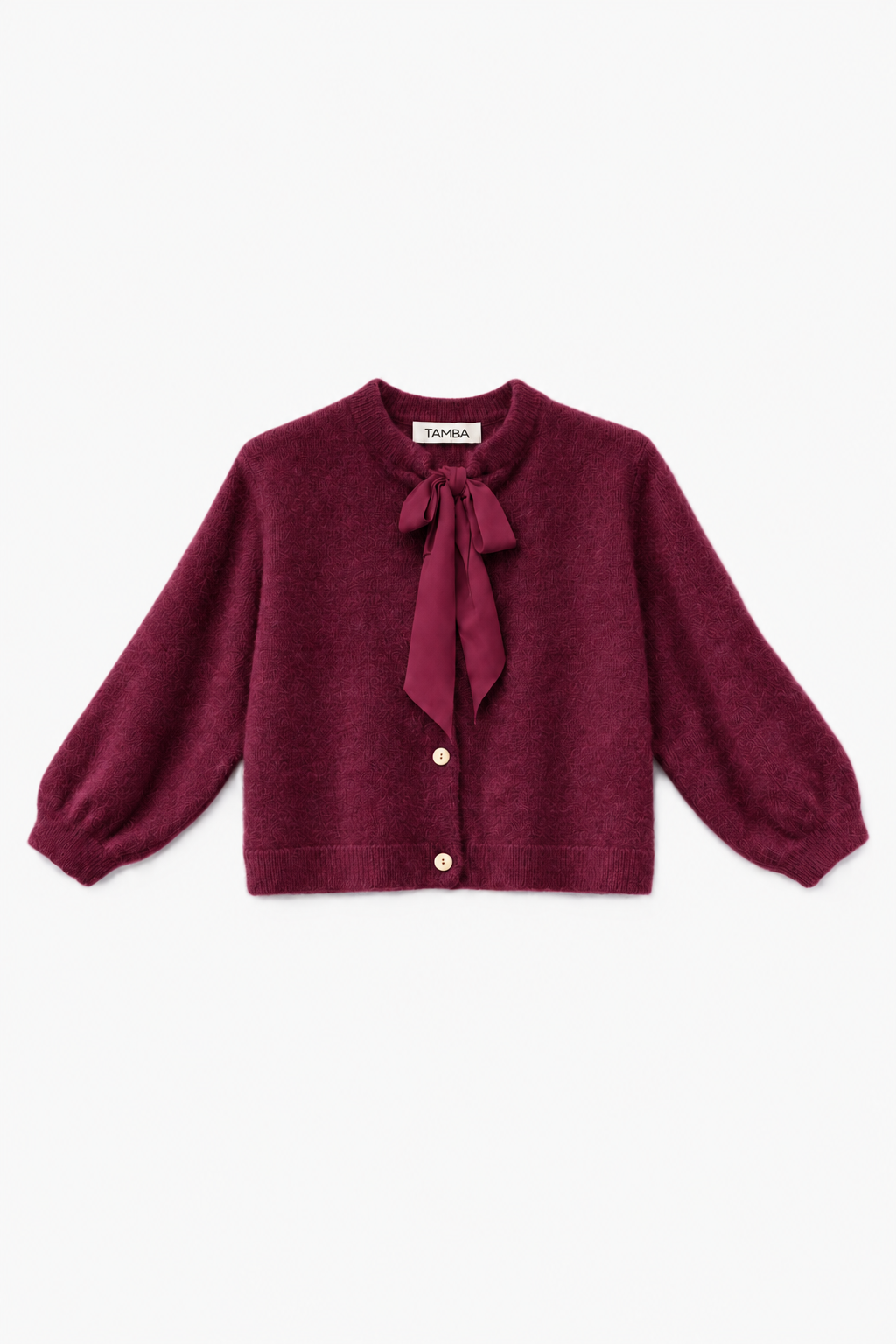 Fuzzy knit cardigan with pussy-bow collar: Lipstick