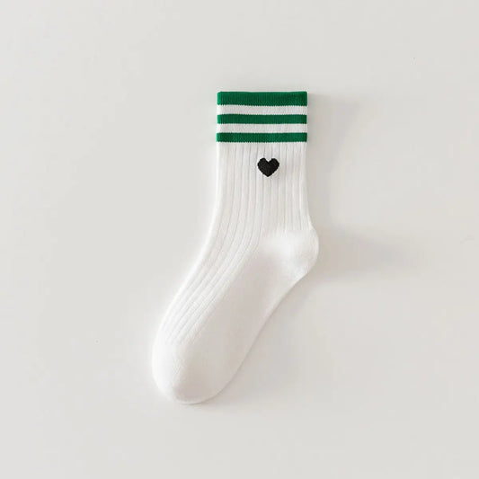 Green Stripes Heart Print Crew Socks