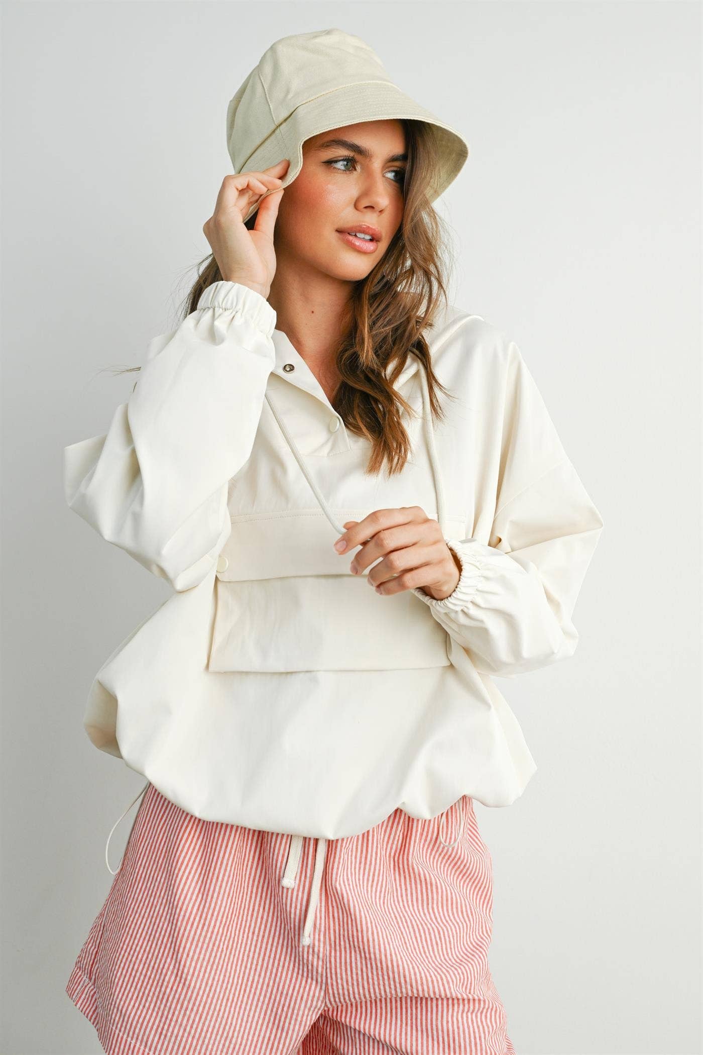 Hooded Pullover Long Sleeve Jacket - BMT7971: IVORY / L