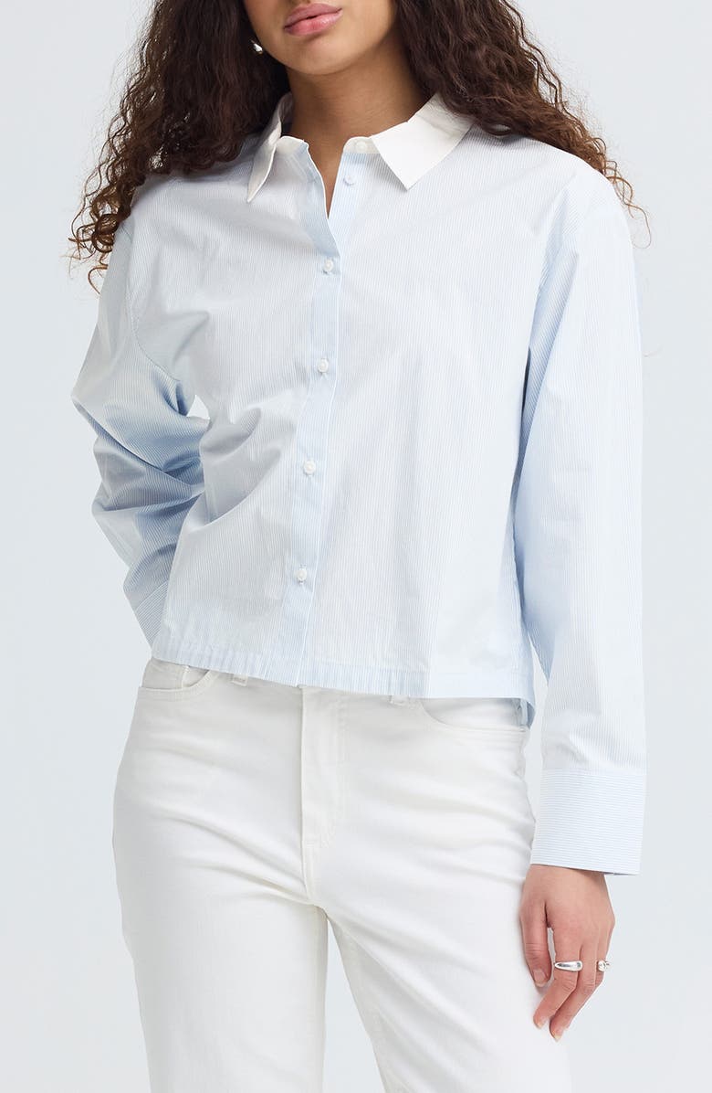 ICHI Stripe Split Hem Crop Cotton Button-Up Shirt