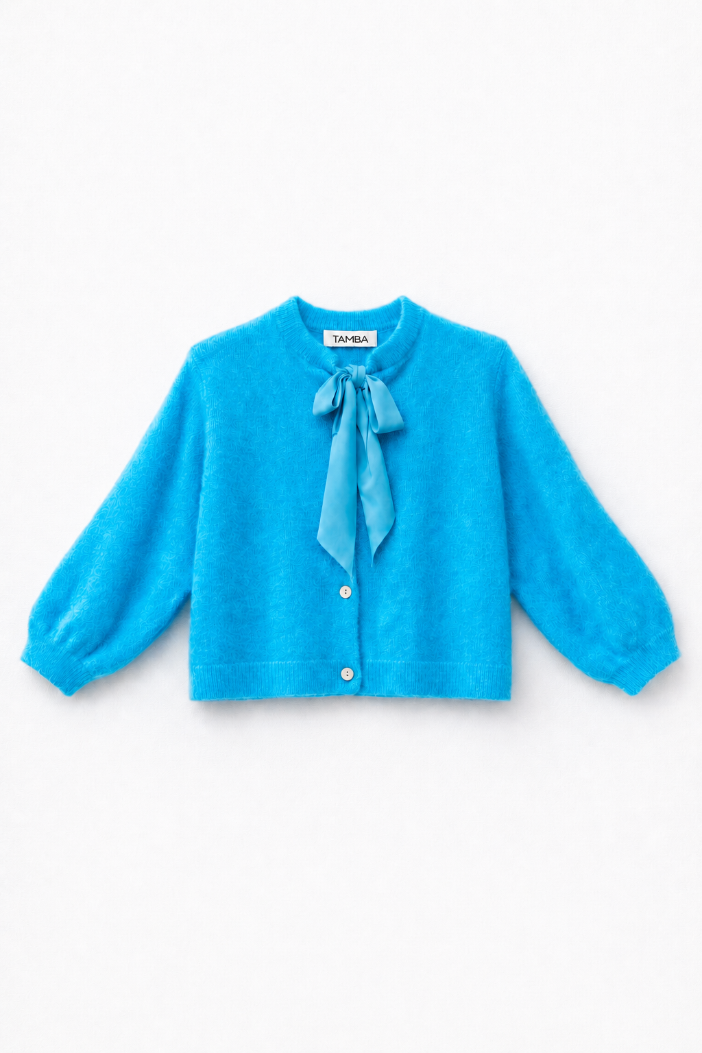 Fuzzy knit cardigan with pussy-bow collar: Lipstick