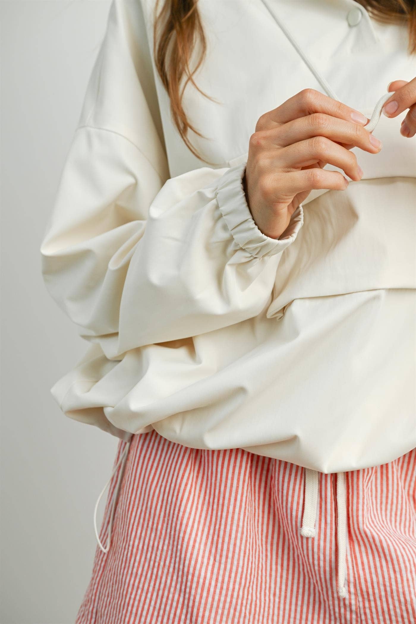 Hooded Pullover Long Sleeve Jacket - BMT7971: IVORY / M