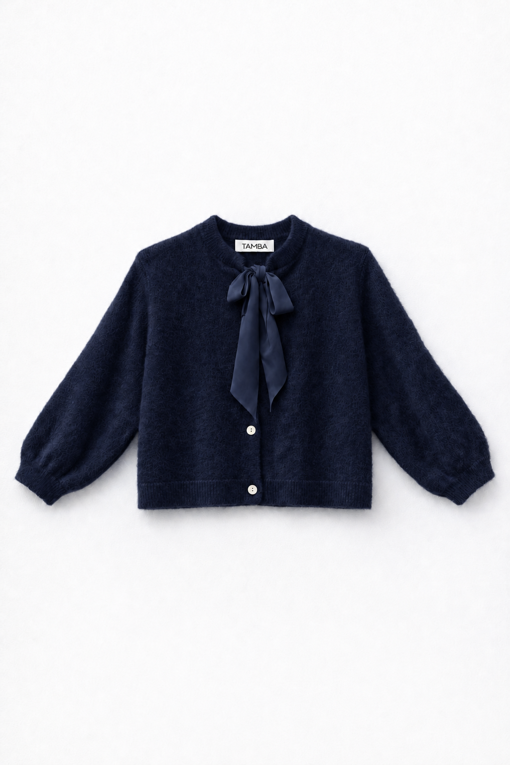 Fuzzy knit cardigan with pussy-bow collar: Lipstick